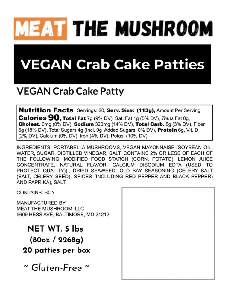 VEGAN Crab Cake Patties - Box of 20 (4oz each) | Gluten-Free | Mushroom-Based, Deliciously Plant-Powered